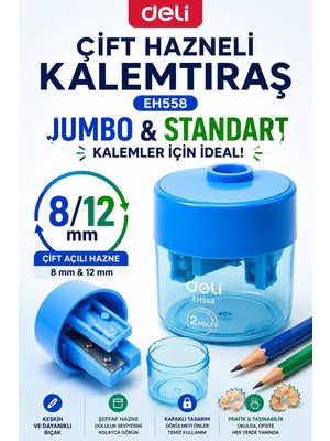 Deli EH558 Mavi Çift Hazneli Kalemtıraş – Jumbo & Standart Kalemler Için