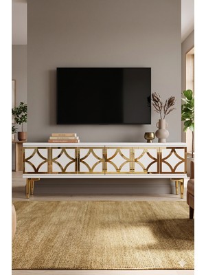 Yumedi Design TSA1237BG - Plovdiv Tv Stand , Tv Sehpası 120CM Beyaz-Gold