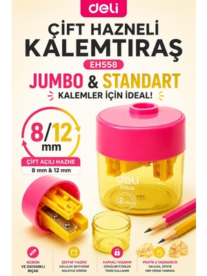Deli EH558 Sarı Pembe Çift Hazneli Kalemtıraş – Jumbo & Standart Kalemler Için