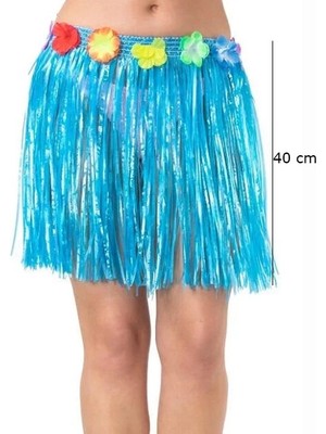 Svoria Store Yetişkin ve Çocuk Uyumlu Mavi Renk Püsküllü Hawaii Luau Hula Etek 40 cm