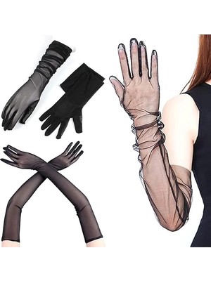Svoria Store Uzun Boy Likralı Siyah Renk Yetişkin Mega Tül Eldiven 53 cm