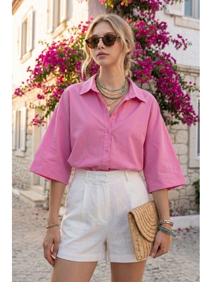 Bacc Pembe Sırt Pile Detaylı Poplin %100 Pamuk Oversize Gömlek