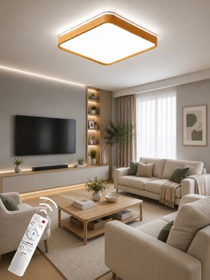 Ece Aydınlatma Giza Ahşap Desenli Uzaktan Kumandalı Dimmerli 3 Renk Işıklı LED Avize Çap - 40 cm