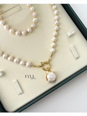 Eyla Collection Gemici Düğümü Kilitli Altın Takılabilir Gerçek Inci Set