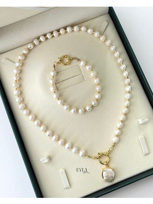 Eyla Collection Özel Hediye Kutulu Doğal İnci Kolye Bileklik Seti (Altın Takılabilir) 60 cm