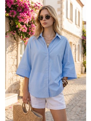 Bacc Mavi Sırt Pile Detaylı Poplin %100 Pamuk Oversize Gömlek