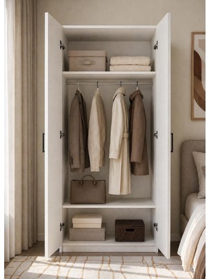 Modenza Mutfak %100 Mdf Elbise Dolabı 2 Kapaklı Gardırop - Beyaz