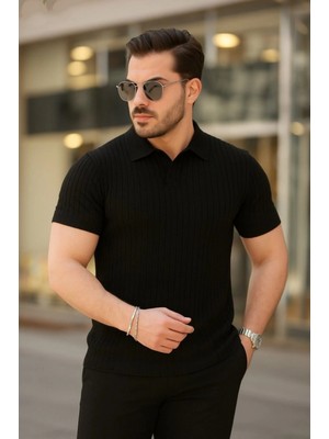 Pileli Store Pilelistore-  Kısa Kollu Yakalı Çizgi Desenli Triko Bluz