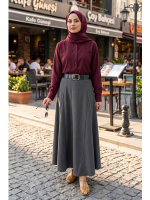 Modestim Kadın Antrasit Kelebek Formlu Kemerli Yarı Mevlana Tesettür Etek