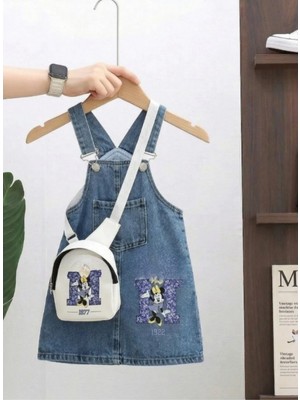 Nota Kids Baskılı Mavi-Mor Denim Kız Çocuk Jile Elbise ve Çanta Takımı