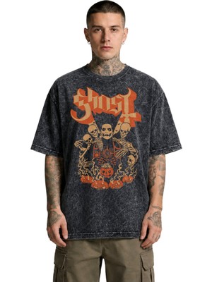Fuddy Moda Unisex Ghost Baskılı Yıkamalı Tişört, Oversize Rock Metal Band Temalı Vintage Tshirt