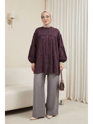 Moda Morfo Dik Yaka Sim Çizgili Balon Kol Oversize Gofre Tunik -Mürdüm