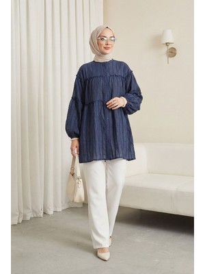 Moda Morfo Dik Yaka Sim Çizgili Balon Kol Oversize Gofre Tunik -Laci