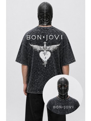 Fuddy Moda Unisex Oversize Bon Jovi Logo Sırt Baskılı Rock Band Temalı Yıkamalı T-Shirt