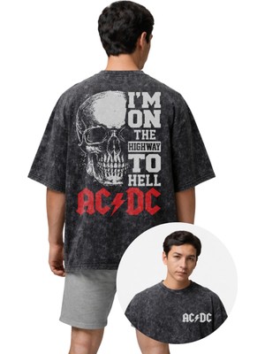 Fuddy Moda Unisex Oversize Ac-Dc I'm On The Highway To Hell Sırt Baskılı Yıkamalı Rock Band T-Shirt