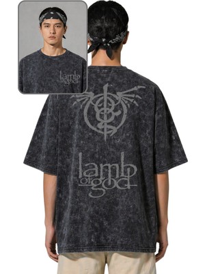 Fuddy Moda Unisex Lamb Of God Sırt Baskılı Yıkamalı Tişört, Oversize Rock Band Temalı Retro Tshirt