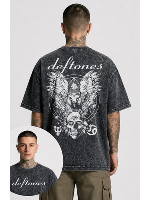 Fuddy Moda Unisex Oversize Deftones Owl And Skull Sırt Baskılı Yıkamalı Rock Band Tişört