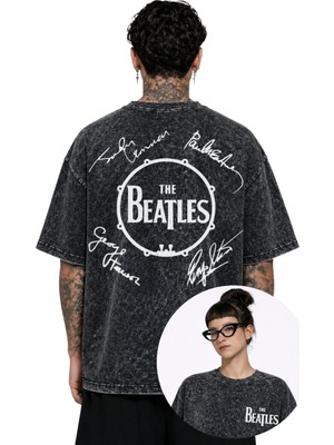 Fuddy Moda Unisex Oversize Beatles Members Signature Sırt Yıkamalı Rock Band Retro T-Shirt