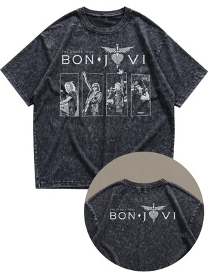 Fuddy Moda Unisex Bon Jovi The Circle Tour Ense Baskılı Yıkamalı Tişört, Oversize Rock Band Retro T-Shirt