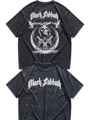 Fuddy Moda Unisex Oversize Black Sabbath Sırt Yıkamalı Rock Band Vintage T-Shirt