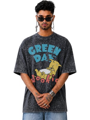 Fuddy Moda Unisex Green Day Dookie Baskılı Yıkamalı Tişört, Oversize Punk Rock Band Temalı Tshirt