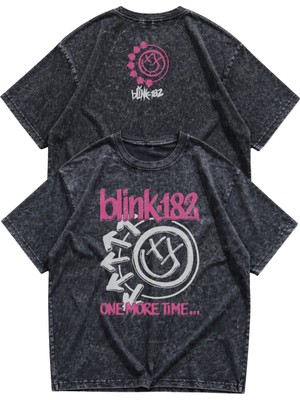 Fuddy Moda Unisex BLINK-182 Logo Ense Baskılı Yıkamalı Tişört, Oversize Rock Band Temalı Retro T-Shirt