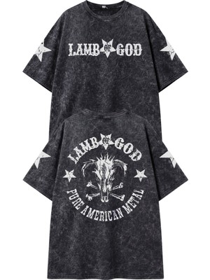 Fuddy Moda Unisex Oversize Lamb Of God Pure American Metal Kol ve Sırt Baskılı Yıkamalı Rock Band Tişört
