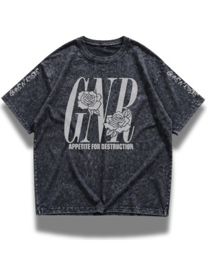 Fuddy Moda Unisex Gnr Guns N' Roses Kol Baskılı Yıkamalı Tişört, Oversize Rock Band Temalı Tshirt