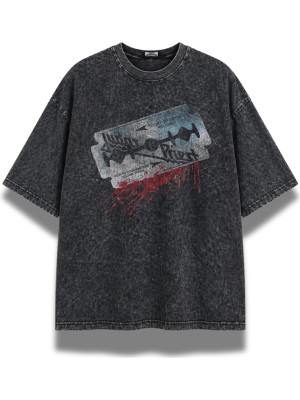 Fuddy Moda Unisex Judas Priest Baskılı Yıkamalı Tişört, Oversize Rock Metal Band Temalı Vintage Tshirt