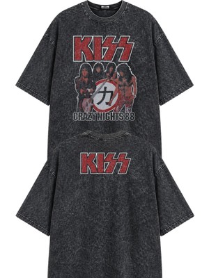 Fuddy Moda Unisex Oversize Kiss Crazy Nights 88 Ense Baskılı Yıkamalı Rock Band Tişört