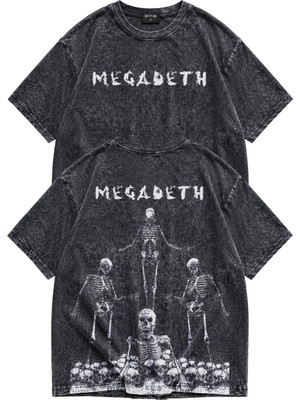 Fuddy Moda Unisex Megadeth Skeletons Sırt Baskılı Yıkamalı Tişört, Oversize Rock Band Temalı Vintage Tshirt