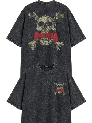 Fuddy Moda Unisex Pantera Skull Sırt Baskılı Yıkamalı Tişört, Oversize Rock Band Temalı Vintage Tshirt
