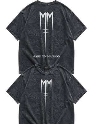 Fuddy Moda Unisex Oversize Marilyn Manson mm Logo Sırt Baskılı Yıkamalı Vintage Tişört