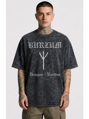 Fuddy Moda Unisex Burzum Draugen Rarities Baskılı Yıkamalı Tişört, Oversize Black Metal Temalı Retro T-Shirt
