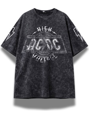 Fuddy Moda Unisex Ac-Dc High Voltage Kol Baskılı Yıkamalı T-Shirt, Oversize Rock Band Temalı Retro Tişört