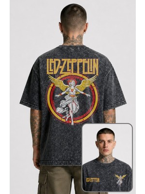 Fuddy Moda Unisex Oversize LED Zeppelin Angel Sırt Baskılı Yıkamalı Vintage Tişört