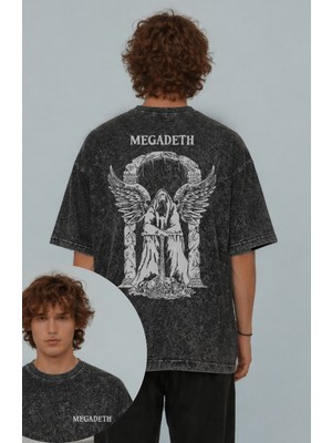 Fuddy Moda Unisex Megadeth Cep ve Sırt Baskılı Yıkamalı Tişört, Oversize Rock Band Temalı Vintage Tshirt