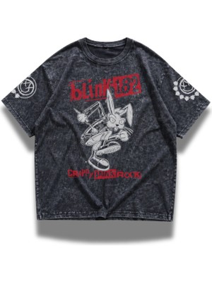 Fuddy Moda Unisex BLINK-182 Crappy Punk Rock Kol Baskılı Yıkamalı Tişört, Oversize Rock Band Retro T-Shirt
