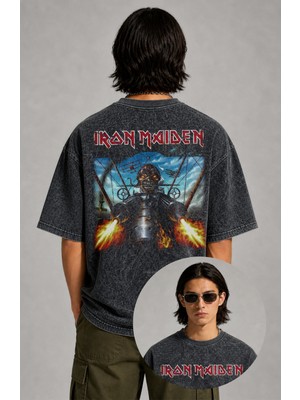 Fuddy Moda Unisex Oversize Iron Maiden Sırt Baskılı Yıkamalı Rock Band Tişört