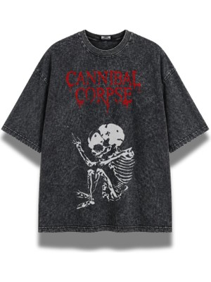 Fuddy Moda Unisex Cannibal Corpse Baskılı Yıkamalı Tişört, Oversize Rock Metal Band Temalı Retro T-Shirt