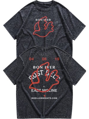 Fuddy Moda Unisex Oversize Bon Iver Rust Belt Sırt Baskılı Rock Band Temalı Yıkamalı T-Shirt