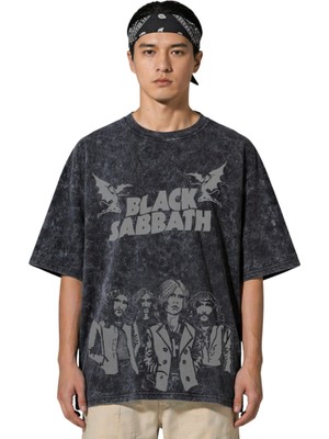 Fuddy Moda Unisex Black Sabbath Members Baskılı Yıkamalı T-Shirt, Oversize Rock Band Temalı Vintage Tişört
