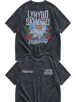 Fuddy Moda Unisex Oversize Lynyrd Skynyrd Freebird Rose And Eagle Sırt Baskılı Yıkamalı Vintage Tişört