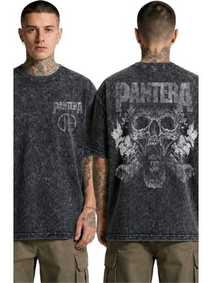Fuddy Moda Unisex Pantera Logo Sırt Baskılı Yıkamalı Tişört, Oversize Rock Band Temalı Vintage Tshirt