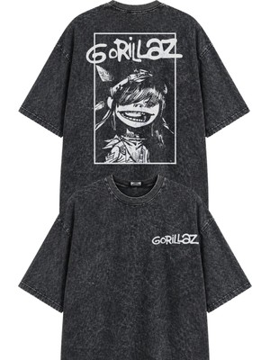 Fuddy Moda Unisex Gorillaz Gitarist Noodle Sırt Baskılı Yıkamalı Tişört, Oversize Rock Band Temalı Tshirt