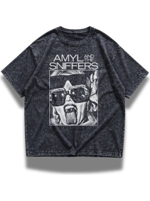 Fuddy Moda Unisex Amyl And The Sniffers Baskılı Yıkamalı Tişört, Oversize Rock Band Temalı Vintage T-Shirt