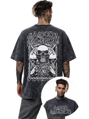 Fuddy Moda Unisex Amon Amarth Sırt Baskılı Yıkamalı T-Shirt, Oversize Rock Band Temalı Vintage Tişört