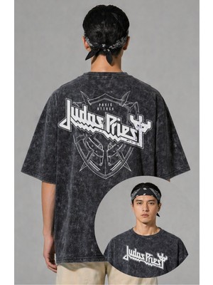 Fuddy Moda Unisex Judas Priest Sırt Baskılı Yıkamalı Tişört, Oversize Rock Metal Band Temalı Retro Tshirt
