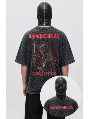 Fuddy Moda Unisex Iron Maiden Senjutsu Sırt Baskılı Yıkamalı Tişört, Oversize Rock Band Temalı Tshirt