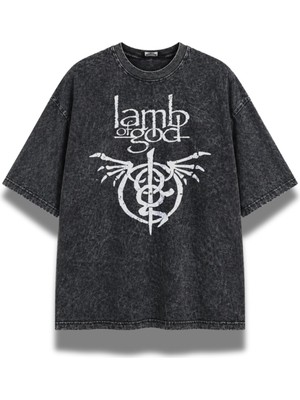 Fuddy Moda Unisex Lamb Of God Logo Baskılı Yıkamalı Tişört, Oversize Rock Band Temalı Vintage Tshirt